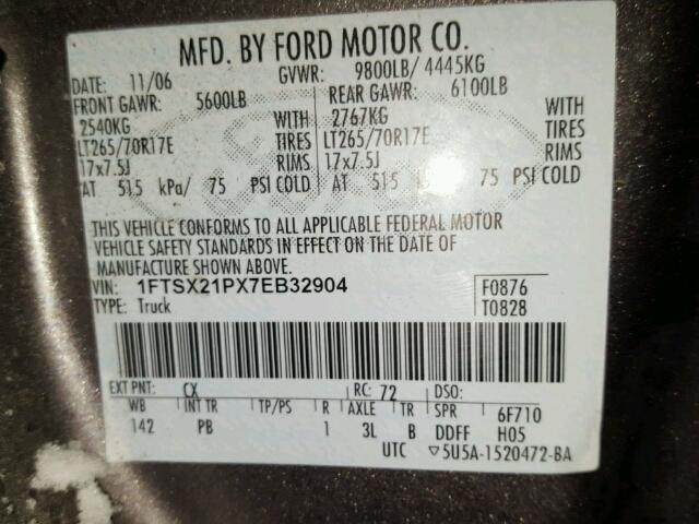 1FTSX21PX7EB32904 - 2007 FORD F250 SUPER SILVER photo 10