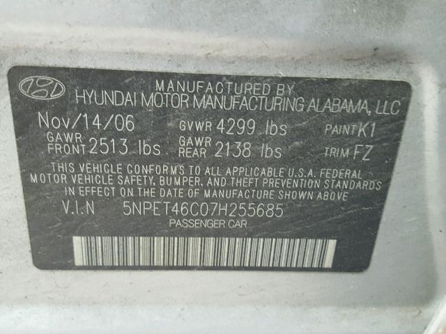 5NPET46C07H255685 - 2007 HYUNDAI SONATA GLS SILVER photo 10