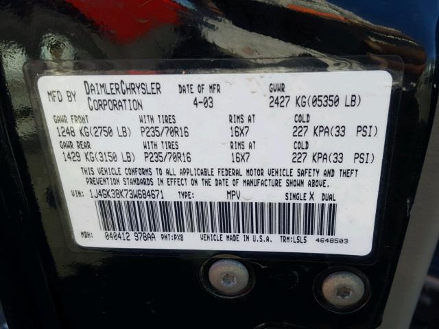 1J4GK38K73W684671 - 2003 JEEP LIBERTY RE BLACK photo 10