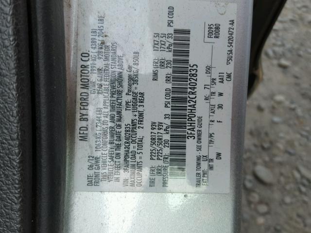 3FAHP0HA2CR402835 - 2012 FORD FUSION SE SILVER photo 10