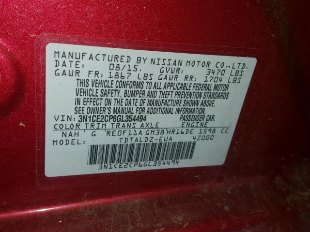 3N1CE2CP6GL354494 - 2016 NISSAN VERSA NOTE RED photo 10