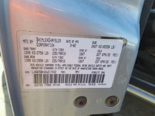 1J4GK58K42W317432 - 2002 JEEP LIBERTY LI SILVER photo 10