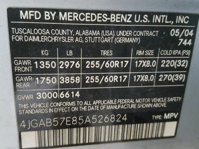 4JGAB57E85A526824 - 2005 MERCEDES-BENZ ML 350 SILVER photo 10