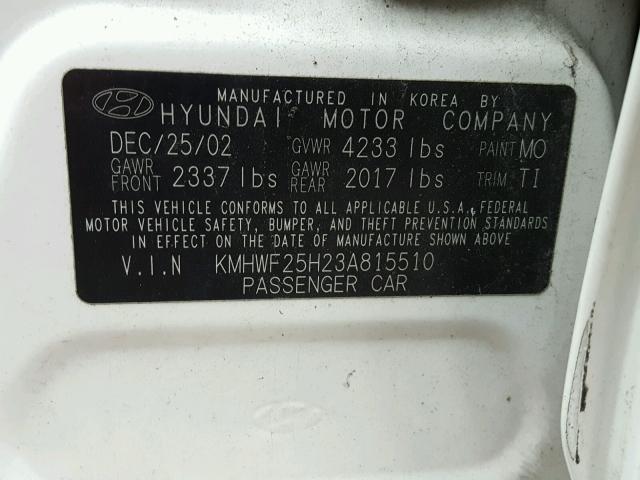 KMHWF25H23A815510 - 2003 HYUNDAI SONATA GL WHITE photo 10