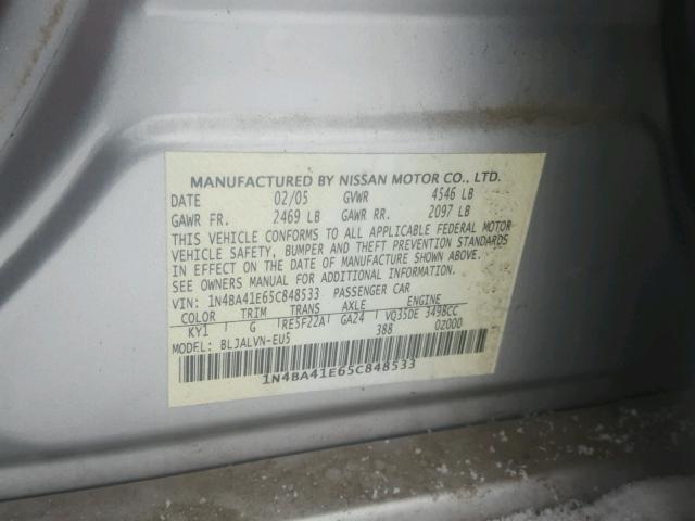 1N4BA41E65C848533 - 2005 NISSAN MAXIMA SE SILVER photo 10