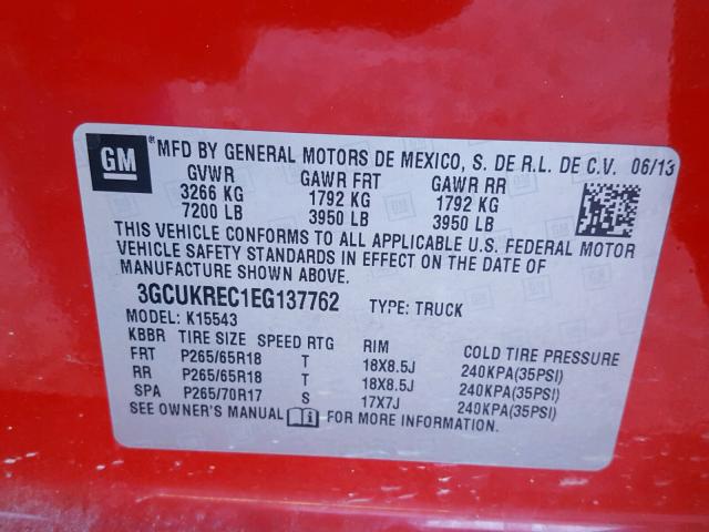 3GCUKREC1EG137762 - 2014 CHEVROLET SILVERADO RED photo 10