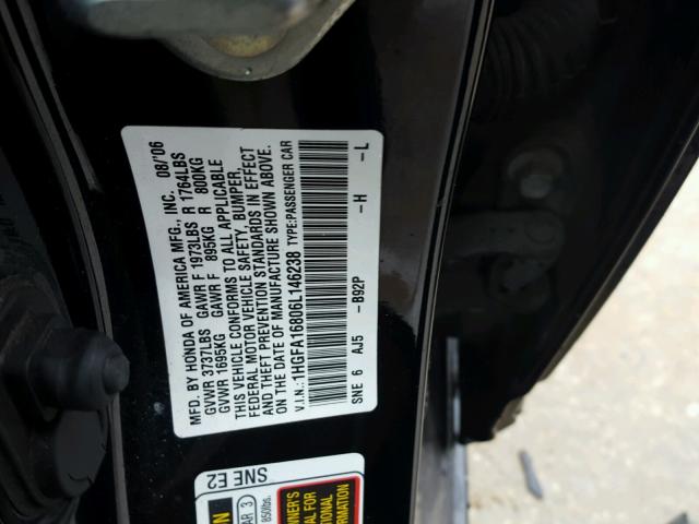 1HGFA16806L146238 - 2006 HONDA CIVIC EX 黑色 照片 10