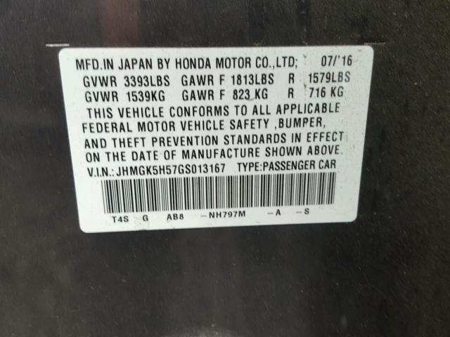 JHMGK5H57GS013167 - 2016 HONDA FIT LX GRAY photo 10