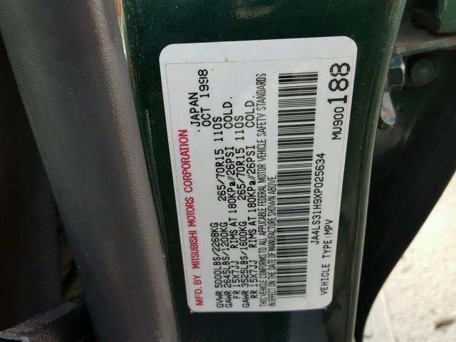 JA4LS31H9XP025634 - 1999 MITSUBISHI MONTERO SP GREEN photo 10