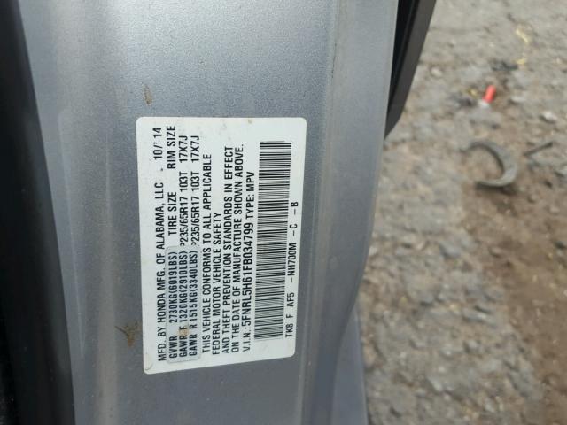 5FNRL5H61FB034799 - 2015 HONDA ODYSSEY EX SILVER photo 10