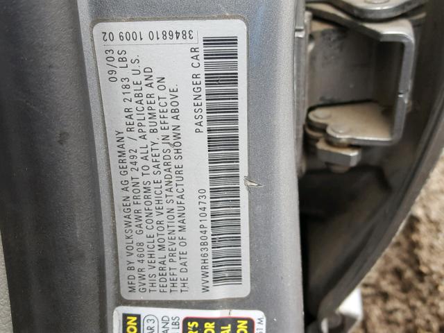 WVWRH63B04P104730 - 2004 VOLKSWAGEN PASSAT GLX GRAY photo 10
