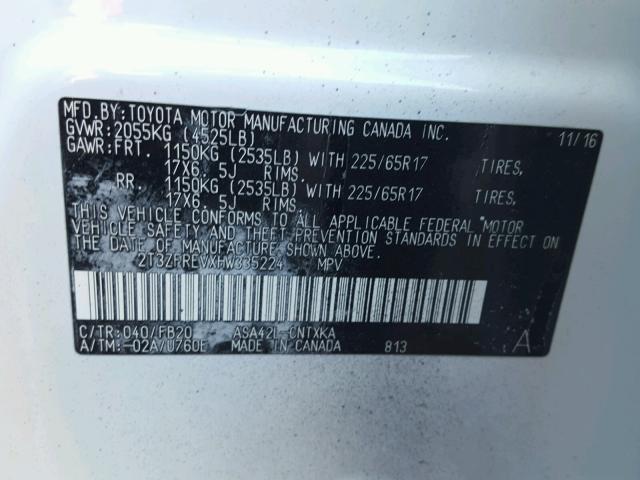 2T3ZFREVXHW335224 - 2017 TOYOTA RAV4 LE Սպիտակ լուսանկար 10