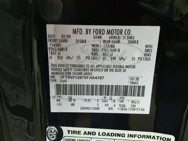 1FTRW12879FA64397 - 2009 FORD F150 SUPER BLACK photo 10