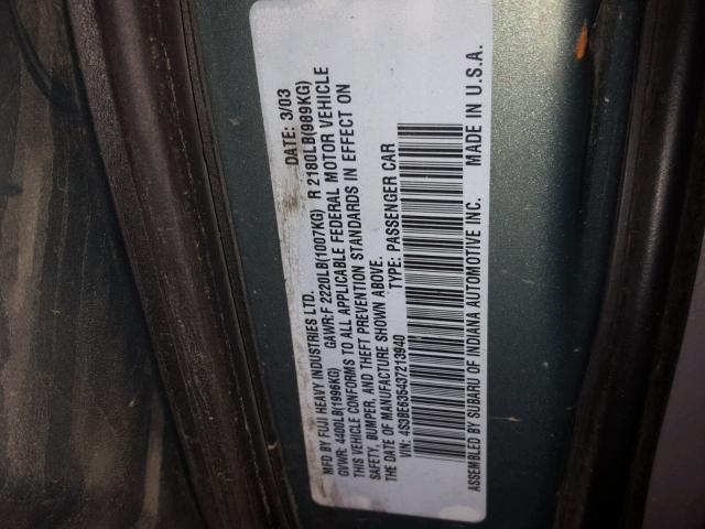 4S3BE635437213940 - 2003 SUBARU LEGACY L GREEN photo 10