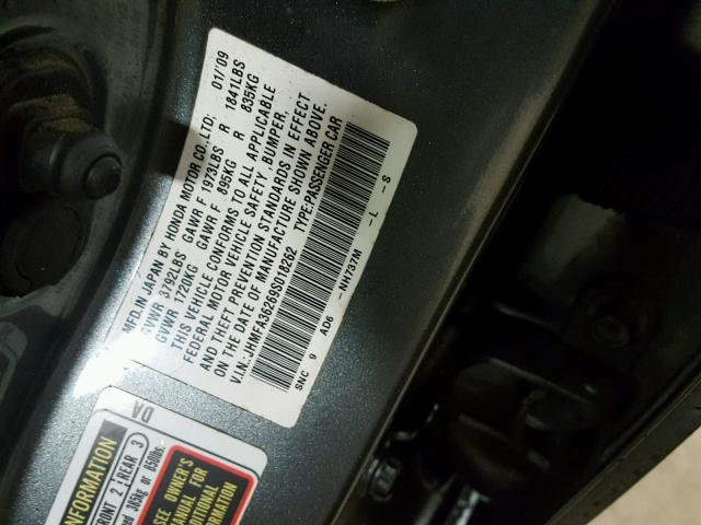 JHMFA36269S018262 - 2009 HONDA CIVIC HYBR GRAY photo 10