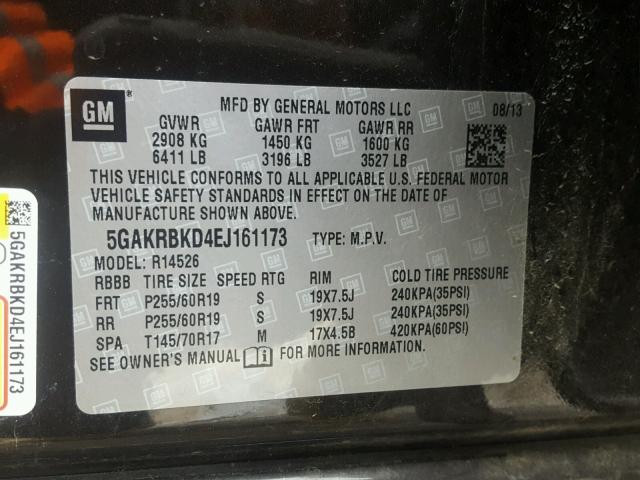 5GAKRBKD4EJ161173 - 2014 BUICK ENCLAVE შავი ფოტო 10