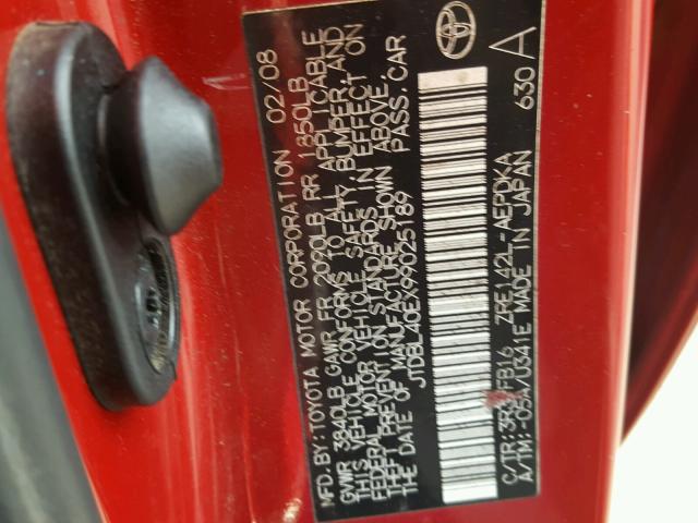 JTDBL40EX99025189 - 2009 TOYOTA COROLLA BA RED photo 10