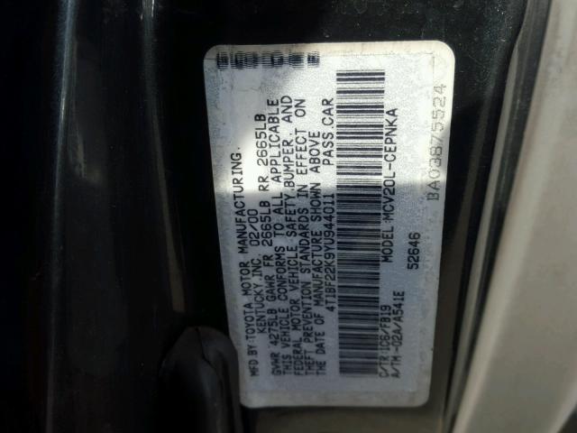 4T1BF22K9YU944011 - 2000 TOYOTA CAMRY LE ნაცრისფერი ფოტო 10