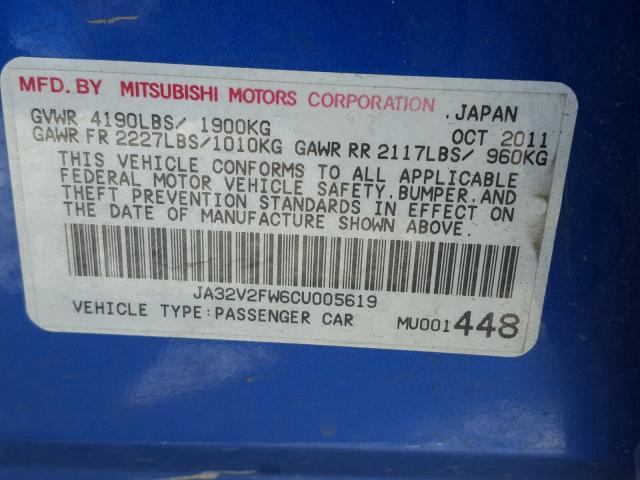 JA32V2FW6CU005619 - 2012 MITSUBISHI LANCER SE BLUE photo 10