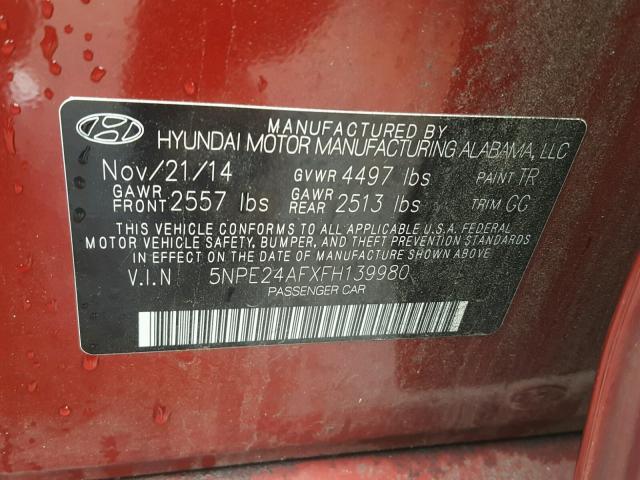 5NPE24AFXFH139980 - 2015 HYUNDAI SONATA SE RED photo 10