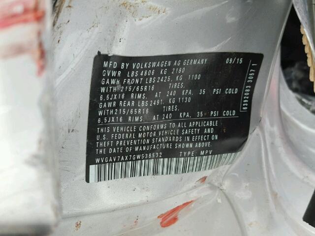 WVGAV7AX7GW538532 - 2016 VOLKSWAGEN TIGUAN S SILVER photo 10