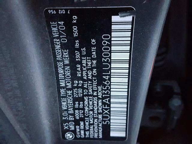 5UXFA13564LU30090 - 2004 BMW X5 3.0I CHARCOAL photo 10