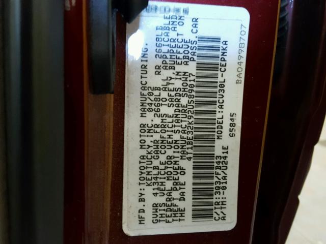 4T1BE32K92U589017 - 2002 TOYOTA CAMRY LE BURGUNDY photo 10