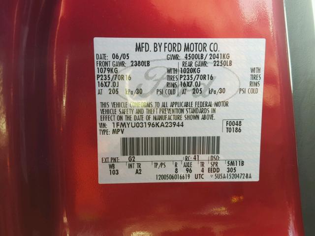 1FMYU03196KA23944 - 2006 FORD ESCAPE XLT RED photo 10