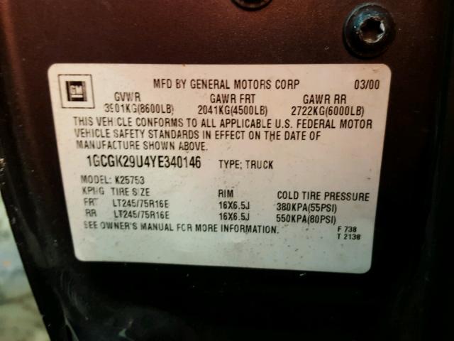 1GCGK29U4YE340146 - 2000 CHEVROLET SILVERADO GRAY photo 10