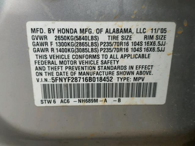 5FNYF28716B018452 - 2006 HONDA PILOT EX SILVER photo 10