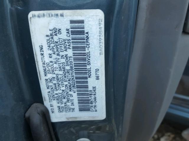 4T1BG22K6YU983975 - 2000 TOYOTA CAMRY CE BLUE photo 10