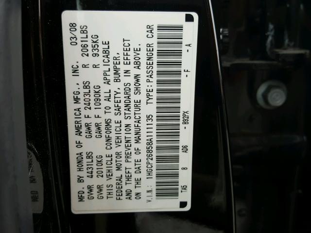 1HGCP26858A111135 - 2008 HONDA ACCORD EXL BLACK photo 10