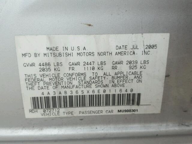 4A3AB36SX6E011640 - 2006 MITSUBISHI GALANT LS SILVER photo 10