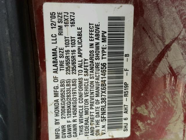 5FNRL387X6B414656 - 2006 HONDA ODYSSEY EX MAROON photo 10