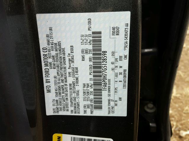 1FA6P0H77G5128598 - 2016 FORD FUSION SE CHARCOAL photo 10