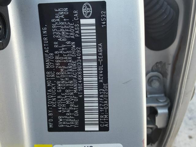 4T1BE46K69U334092 - 2009 TOYOTA CAMRY BASE SILVER photo 10