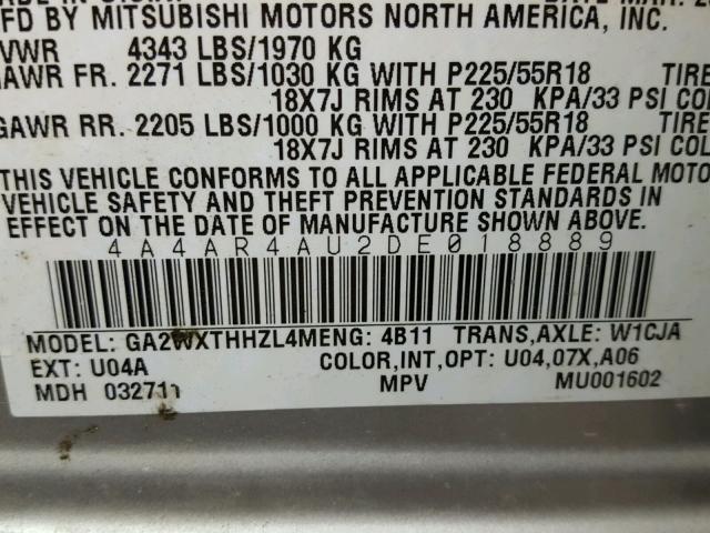 4A4AR4AU2DE018889 - 2013 MITSUBISHI OUTLANDER SILVER photo 10