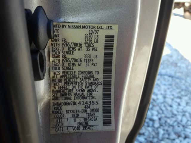 1N6AD06W78C414355 - 2008 NISSAN FRONTIER K SILVER photo 10