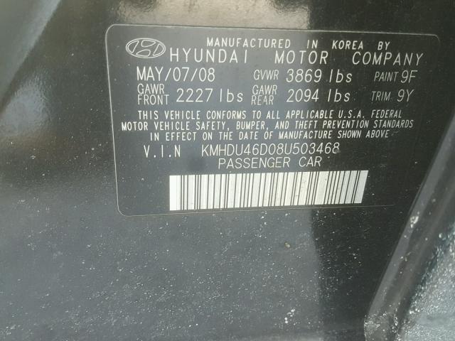 KMHDU46D08U503468 - 2008 HYUNDAI ELANTRA GL BLACK photo 10