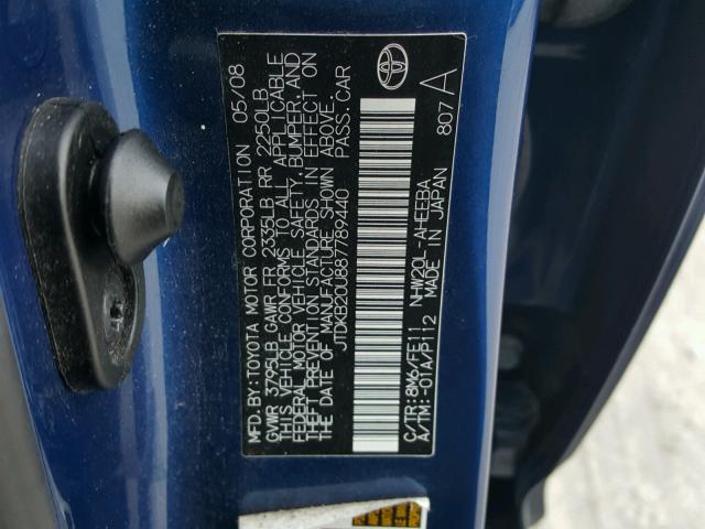 JTDKB20U887789440 - 2008 TOYOTA PRIUS BLUE photo 10