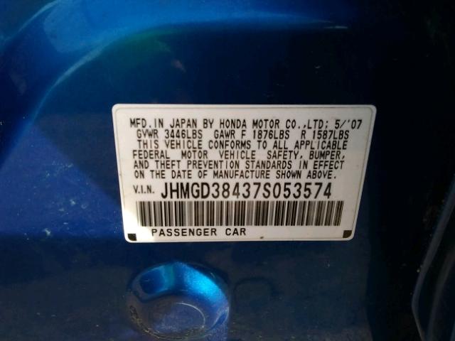 JHMGD38437S053574 - 2007 HONDA FIT BLUE photo 10