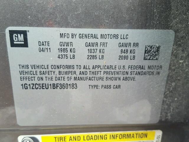 1G1ZC5EU1BF360183 - 2011 CHEVROLET MALIBU 1LT 银色 照片 10