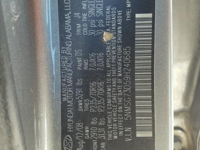 5NMSG73D59H240685 - 2009 HYUNDAI SANTA FE G GRAY photo 10