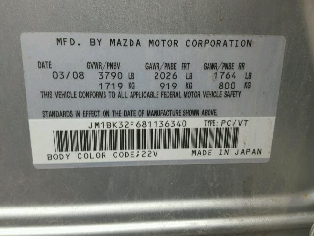 JM1BK32F681136340 - 2008 MAZDA 3 I SILVER photo 10