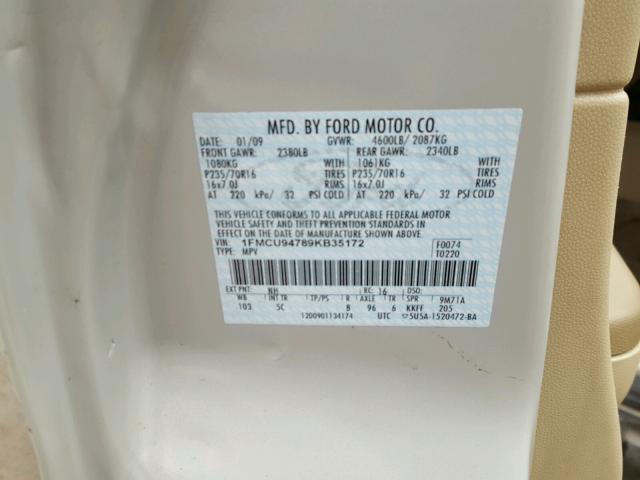 1FMCU94789KB35172 - 2009 FORD ESCAPE LIM CREAM photo 10