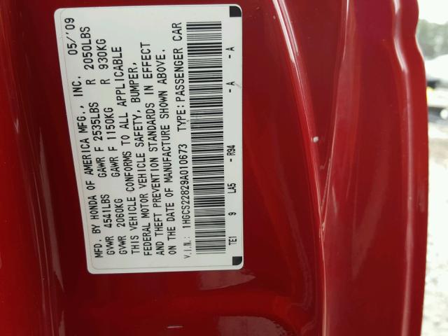 1HGCS22829A010673 - 2009 HONDA ACCORD EXL RED photo 10