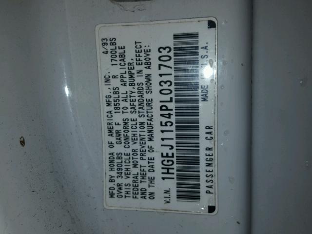 1HGEJ1154PL031703 - 1993 HONDA CIVIC EX 白色 照片 10