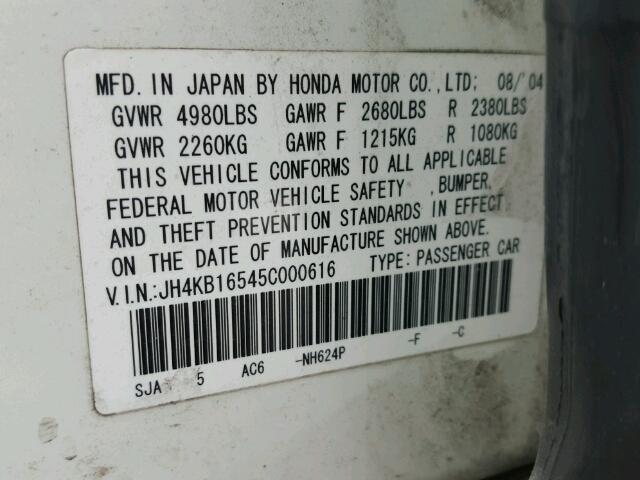 JH4KB16545C000616 - 2005 ACURA RL თეთრი ფოტო 10