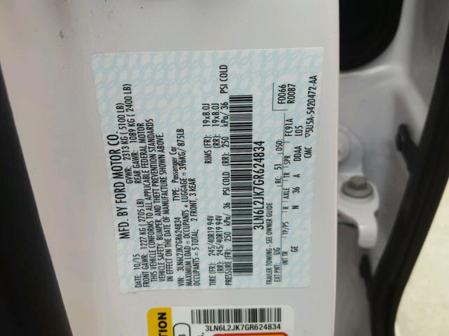 3LN6L2JK7GR624834 - 2016 LINCOLN MKZ Սպիտակ լուսանկար 10