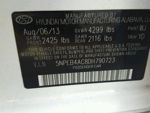 5NPEB4AC8DH790723 - 2013 HYUNDAI SONATA GLS WHITE photo 10